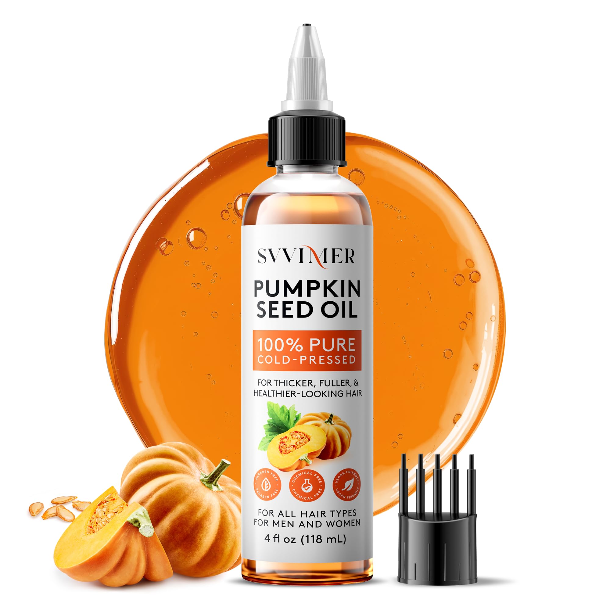 Svvimer pumpkin seed oil bottle closeup highlights a pure cold-pressed formula for hair nourishment