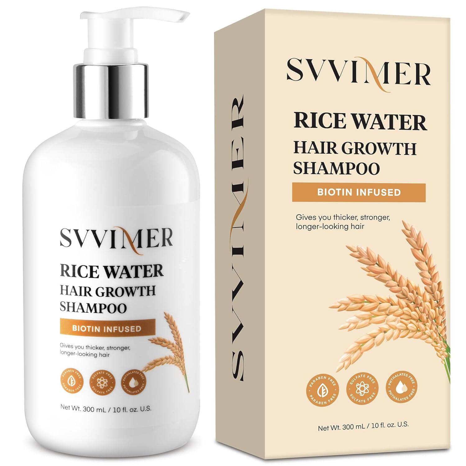 Svvimer rice water shampoo bottle showing thickening potential for fuller-looking hair