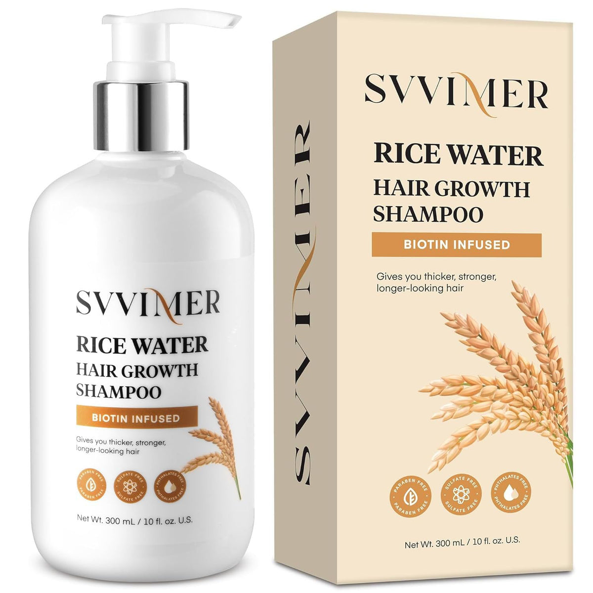 Svvimer rice water shampoo bottle showing thickening potential for fuller-looking hair