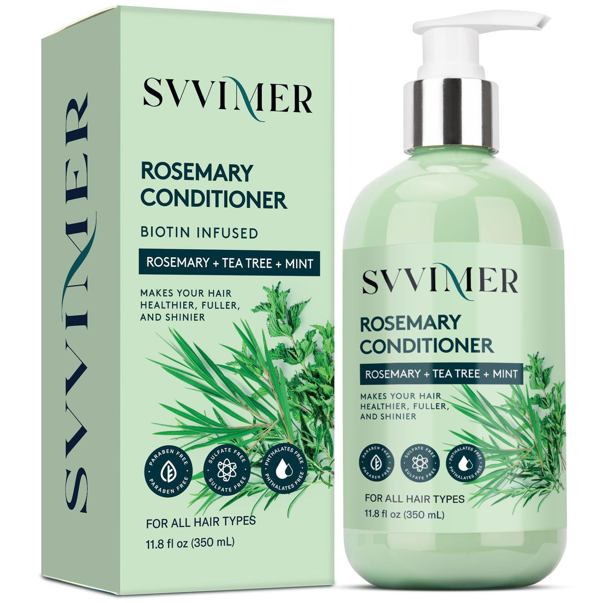 Svvimer rosemary conditioner bottle, showing a nourishing formula for damaged hair