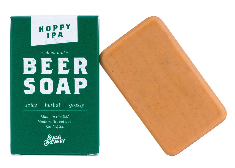 Swag Brewery Hoppy IPA beer soap packaging highlights gift-ready appeal for beer lovers.