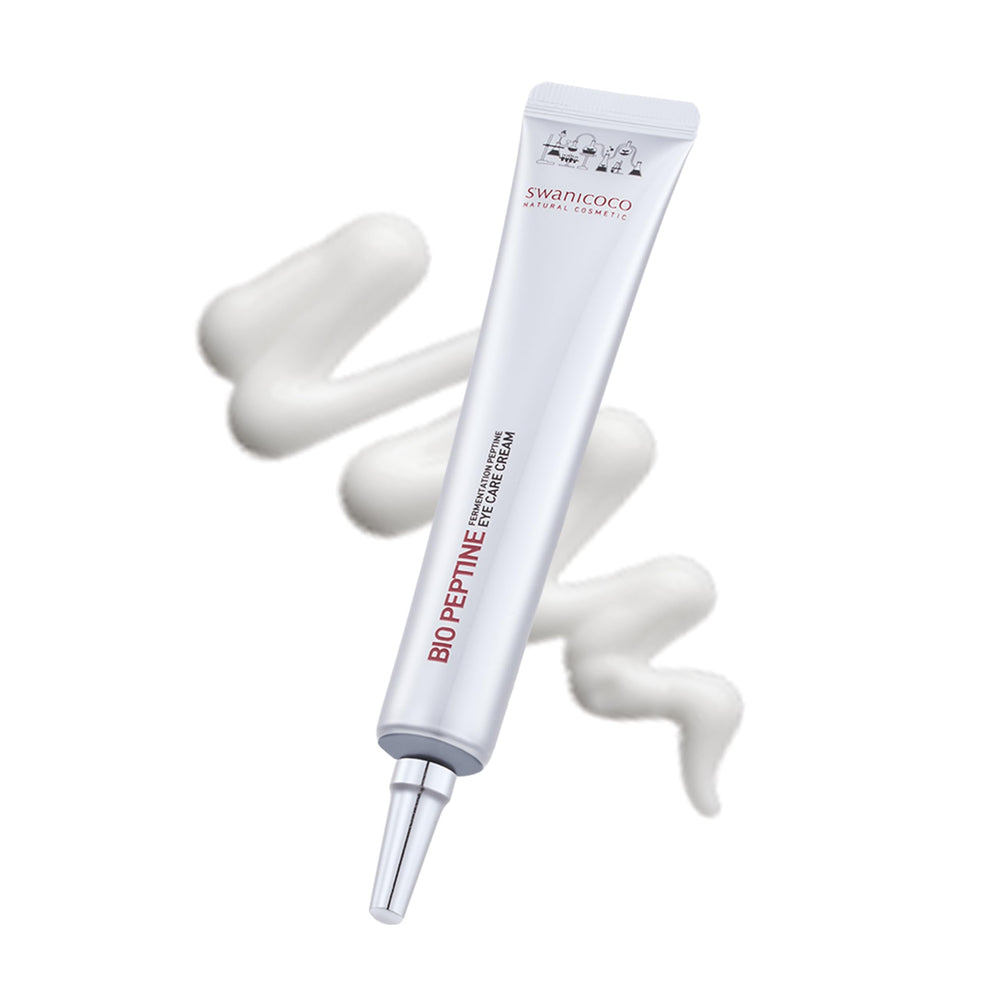Swanicoco eye cream tube close-up highlights daily hydration benefits.