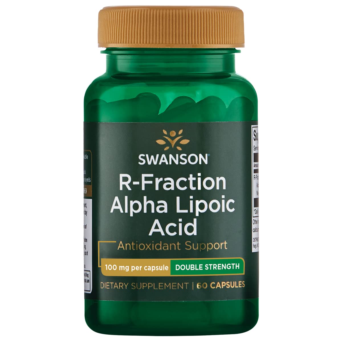 Swanson ULT R-Fraction Alpha Lip 100MG bottle pour shows easy-to-swallow capsules for daily antioxidant support.