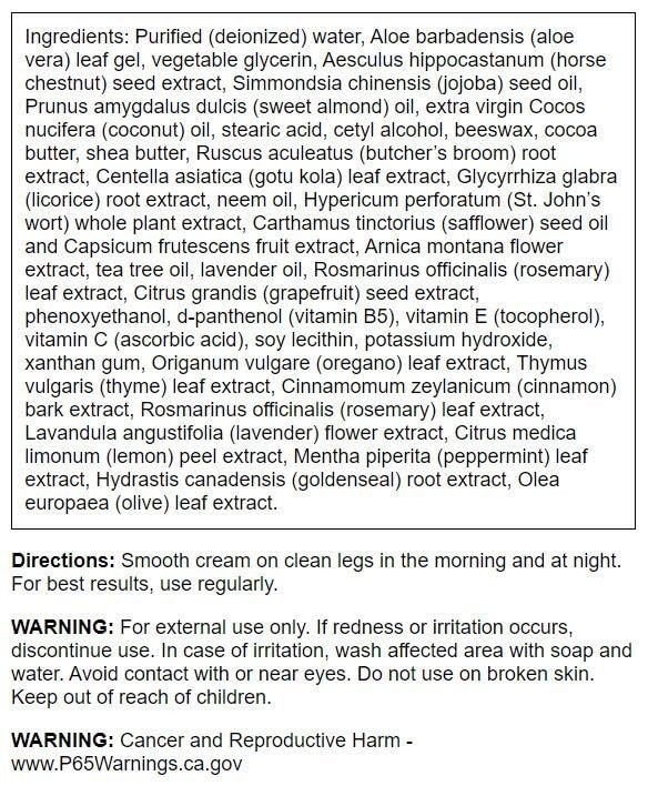 Swanson Leg Vein Essentials Cream label close-up highlighting nourishing formula.