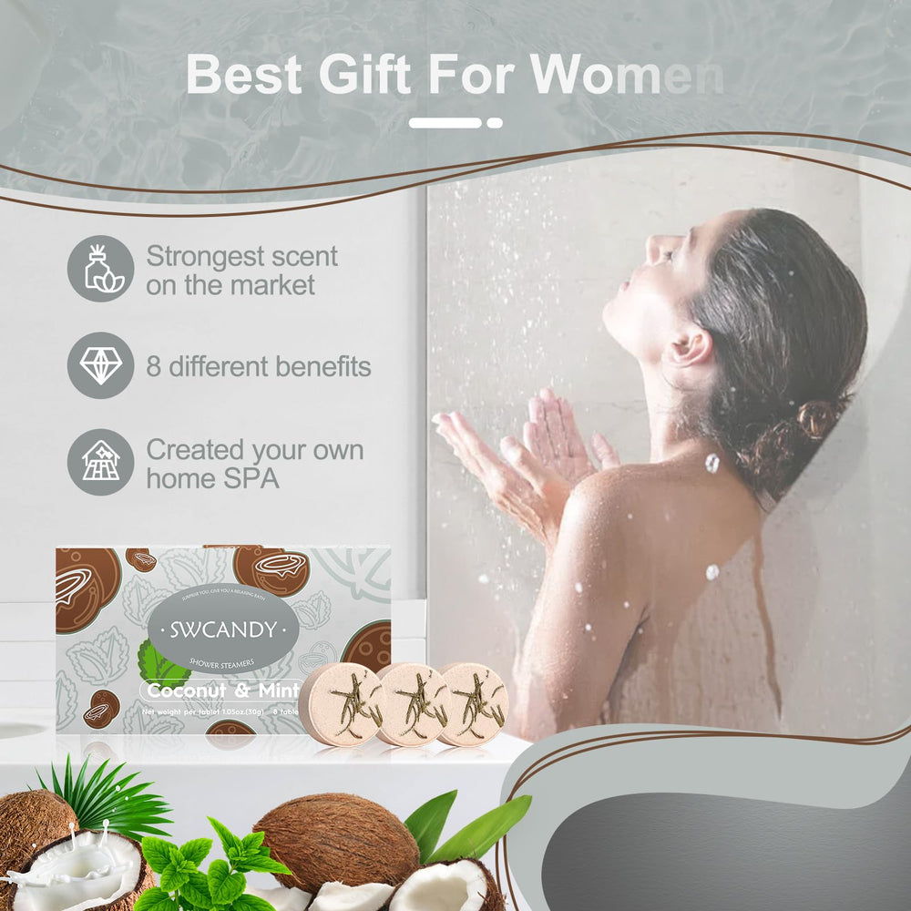 SWCANDY aromatherapy shower bombs dissolve in steam for relaxation.