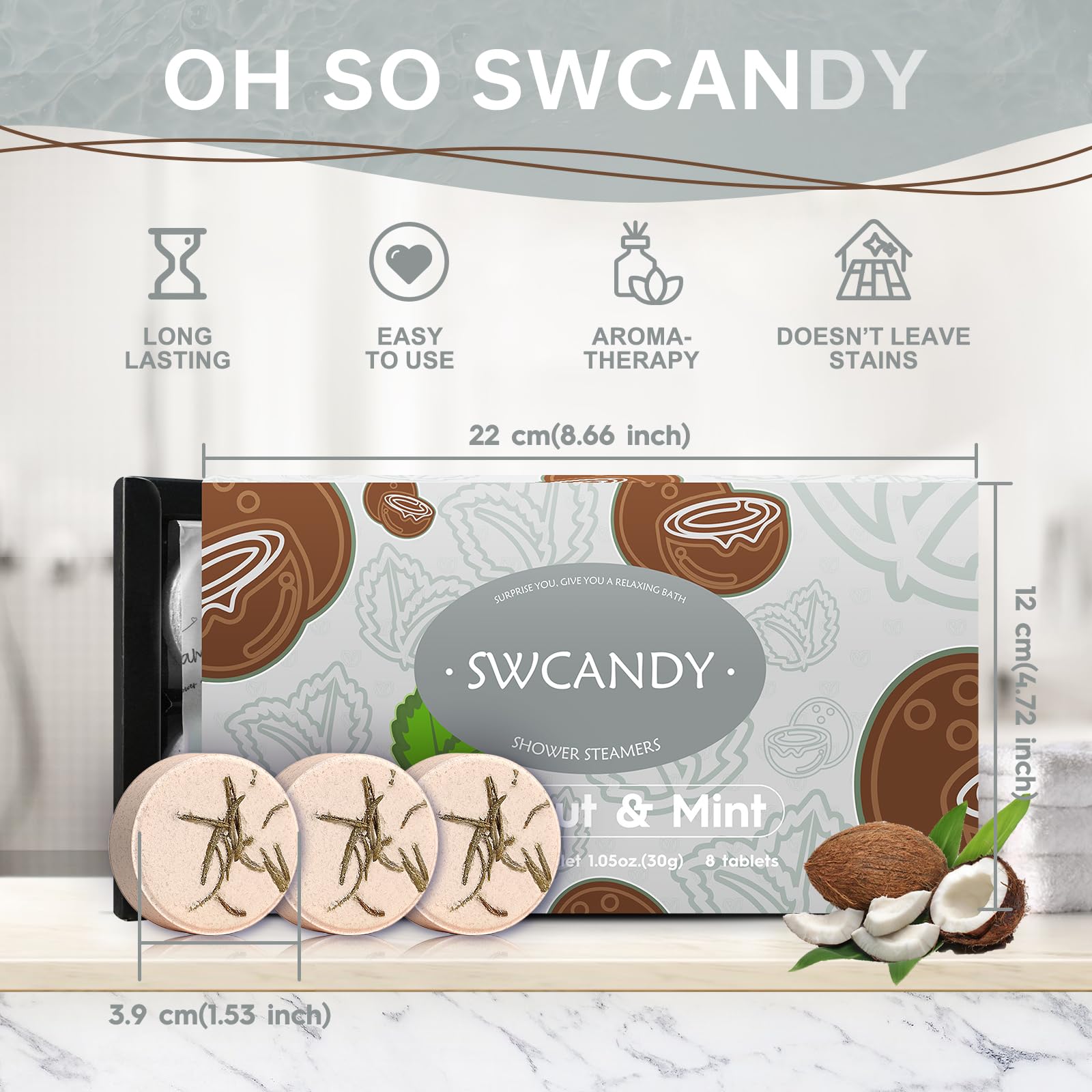 SWCANDY natural essential oils offer clean coconut-mint fragrance.