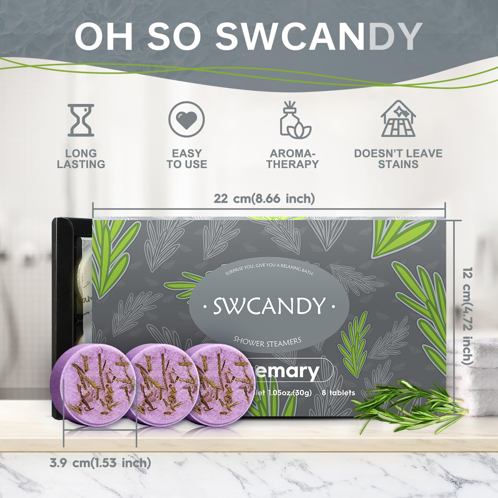 SWCANDY rosemary shower steamer in shower releasing aroma