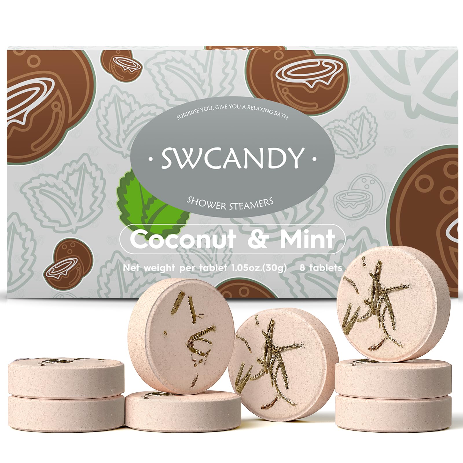 SWCANDY coconut mint shower steamer pack releases a refreshing spa-like aroma.