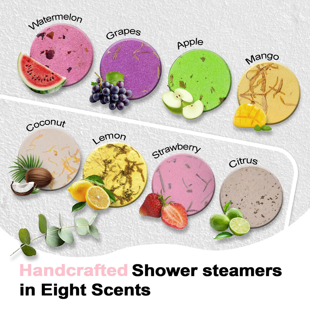 SWCANDY eight-piece shower steamers set showcasing fragrance variety.
