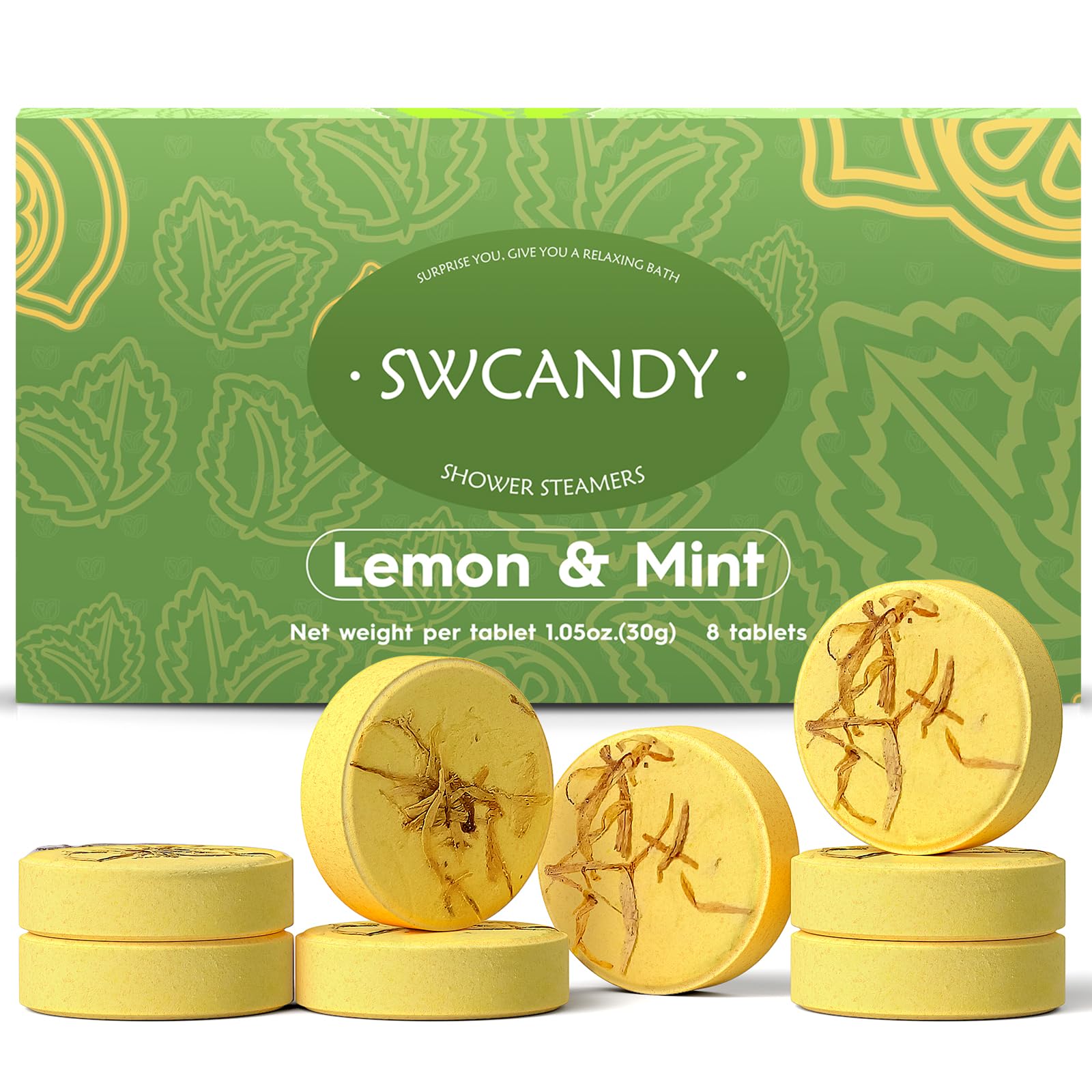 SWCANDY lemon mint shower steamers in a gift-ready package.
