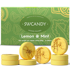 SWCANDY lemon mint shower steamers in a gift-ready package.
