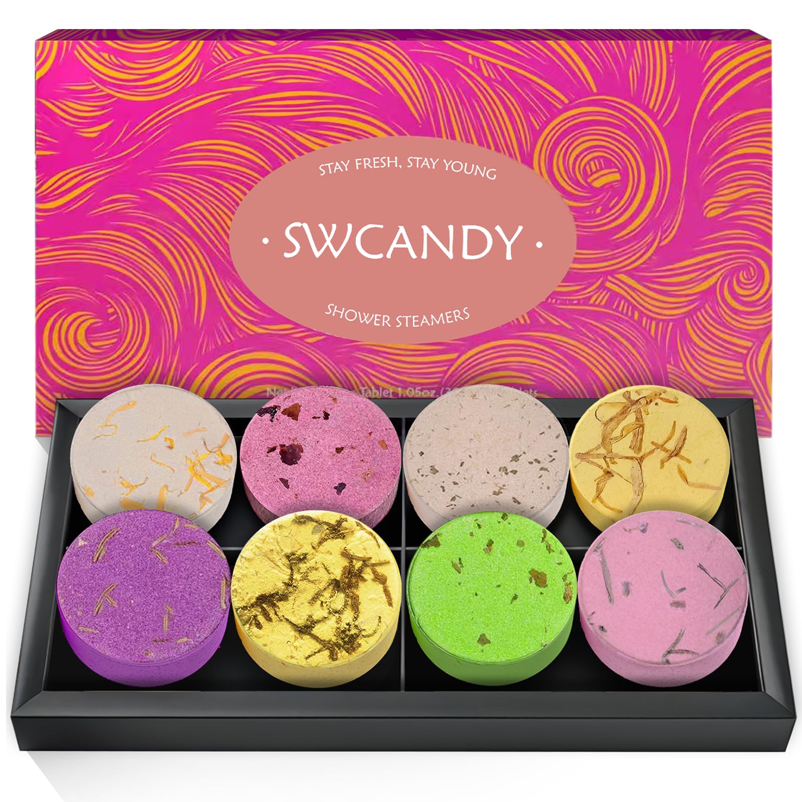 SWCANDY shower steamers packaging with gift-ready presentation.