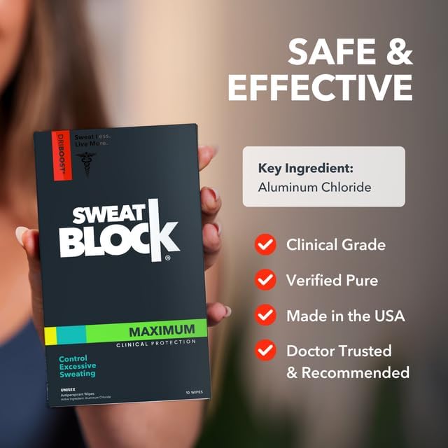 SweatBlock dermatologist-tested label emphasizes safety and trust.