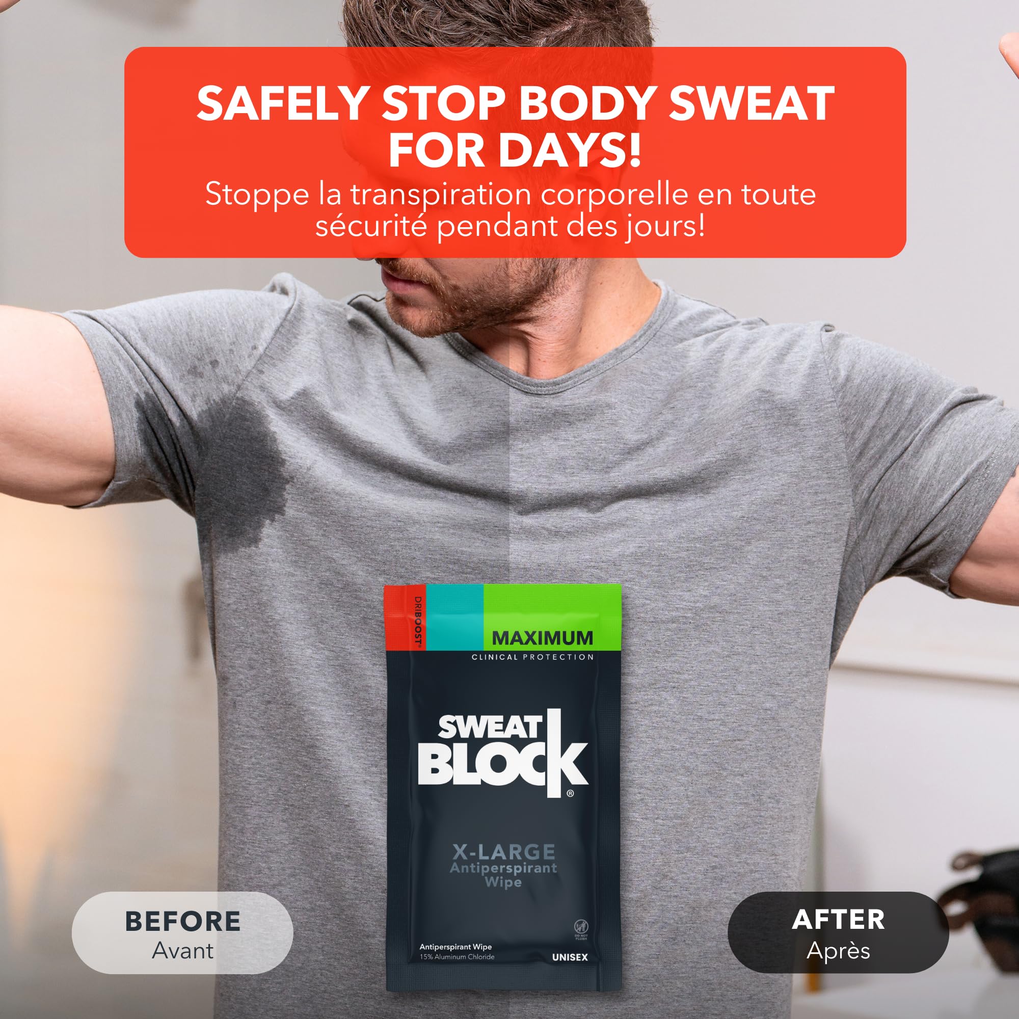 SweatBlock wipe being applied to underarms for dry wear.