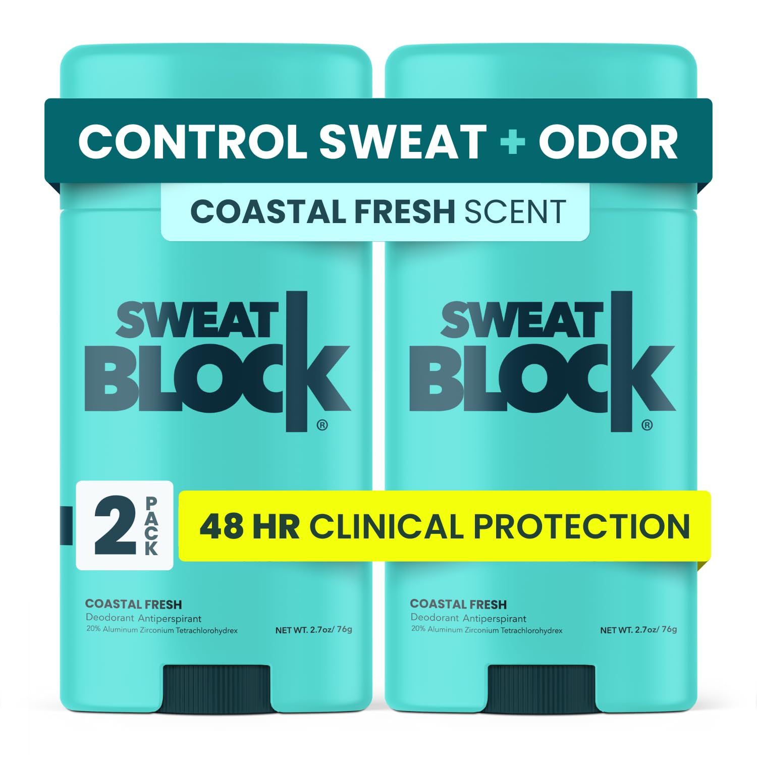 SweatBlock Coastal Fresh deodorant application for unisex daily protection.
