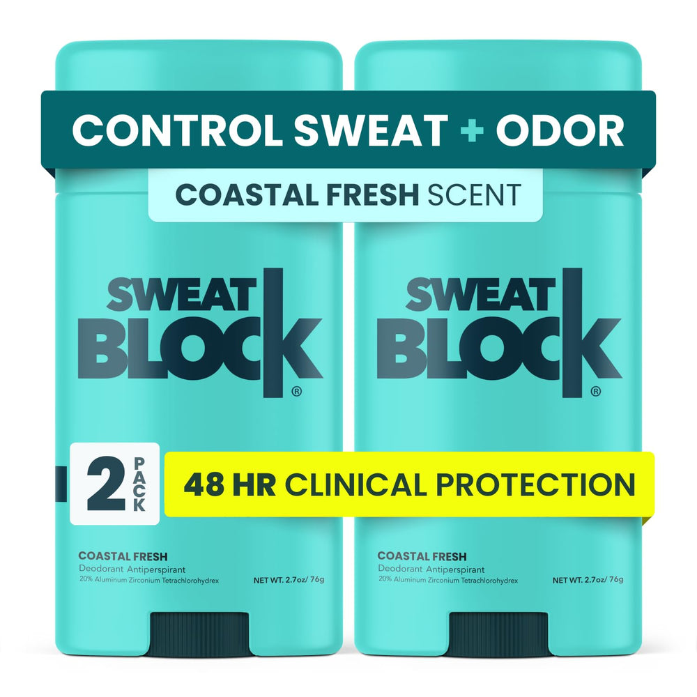 SweatBlock Coastal Fresh deodorant application for unisex daily protection.