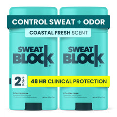 SweatBlock Coastal Fresh deodorant application for unisex daily protection.