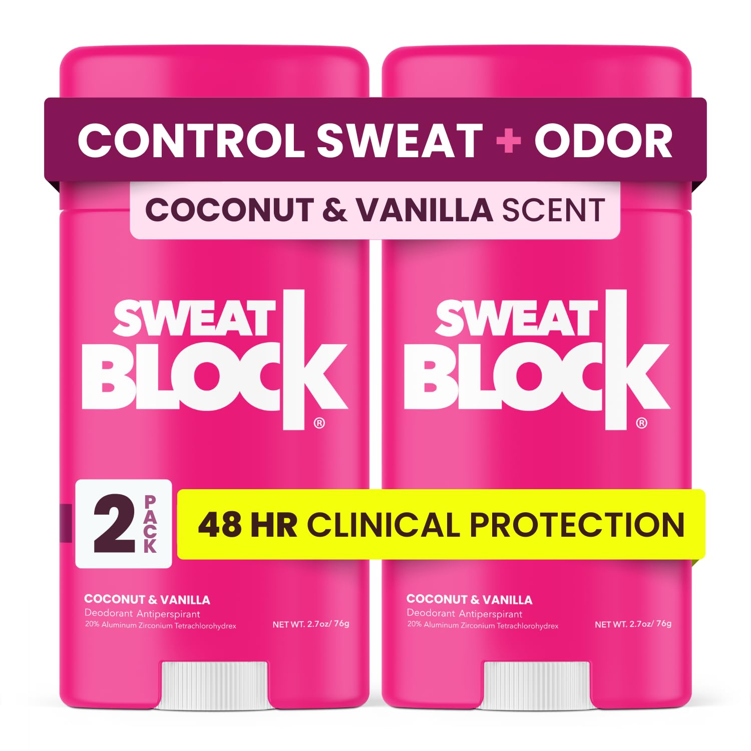 SweatBlock Coconut Vanilla deodorant bottle delivers all-day freshness.