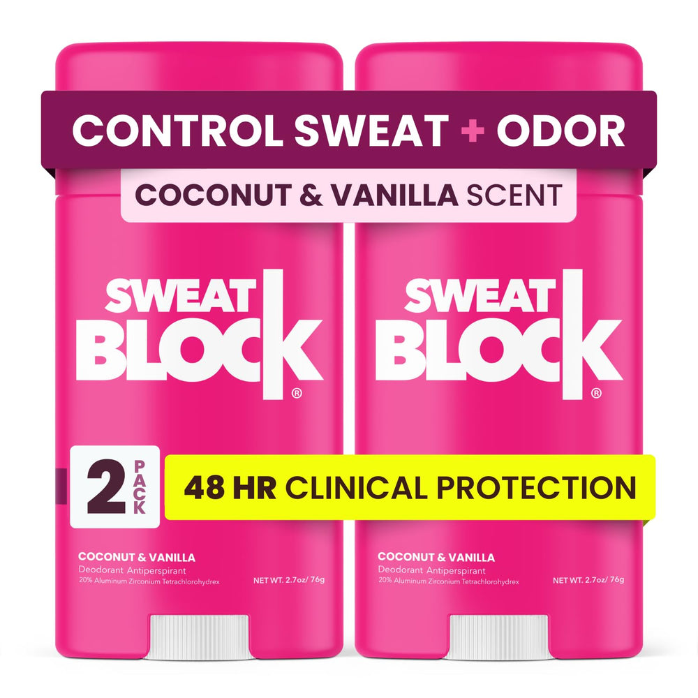 SweatBlock Coconut Vanilla deodorant bottle delivers all-day freshness.
