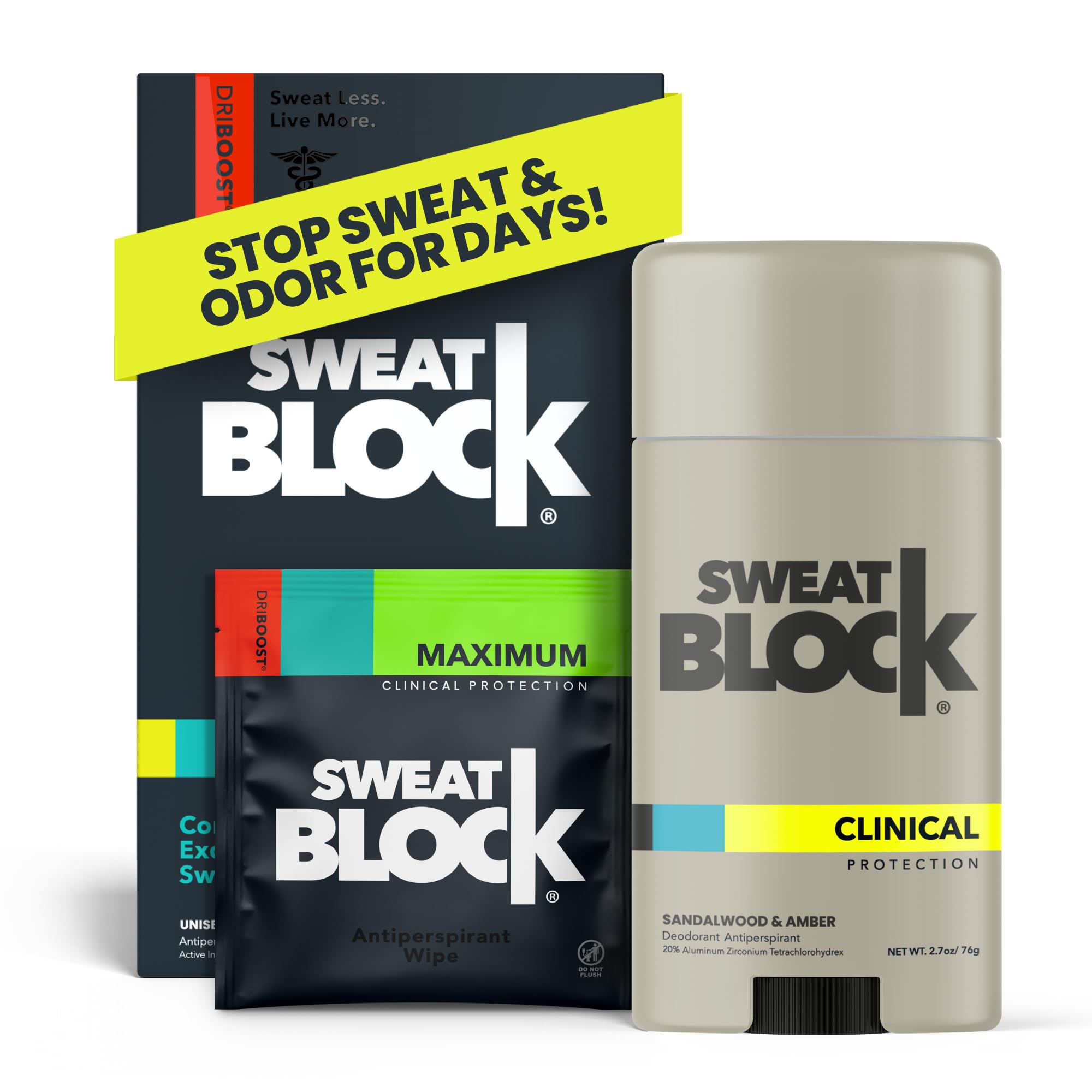 SweatBlock DRIBOOST wipes pack shown for nighttime dryness defense