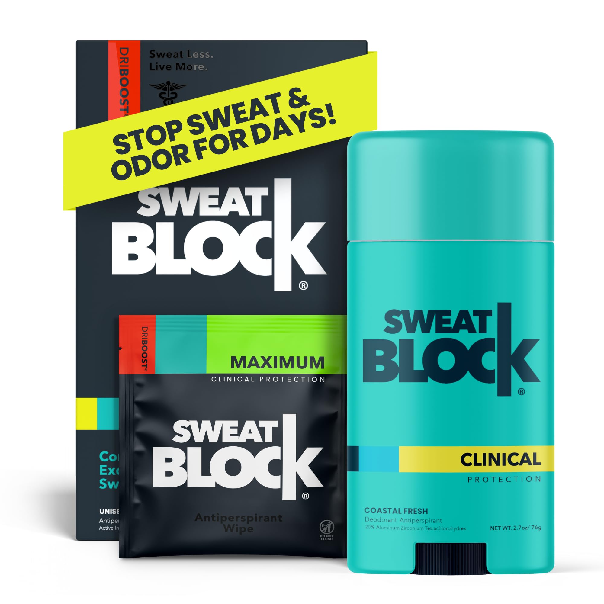SweatBlock Driboost wipes close-up for maximum sweat defense.