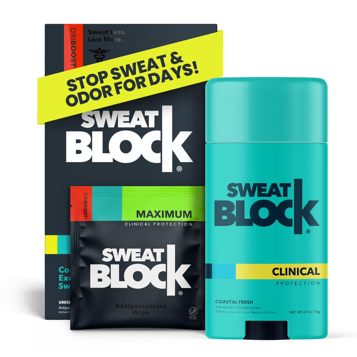 SweatBlock Driboost wipes close-up for maximum sweat defense.