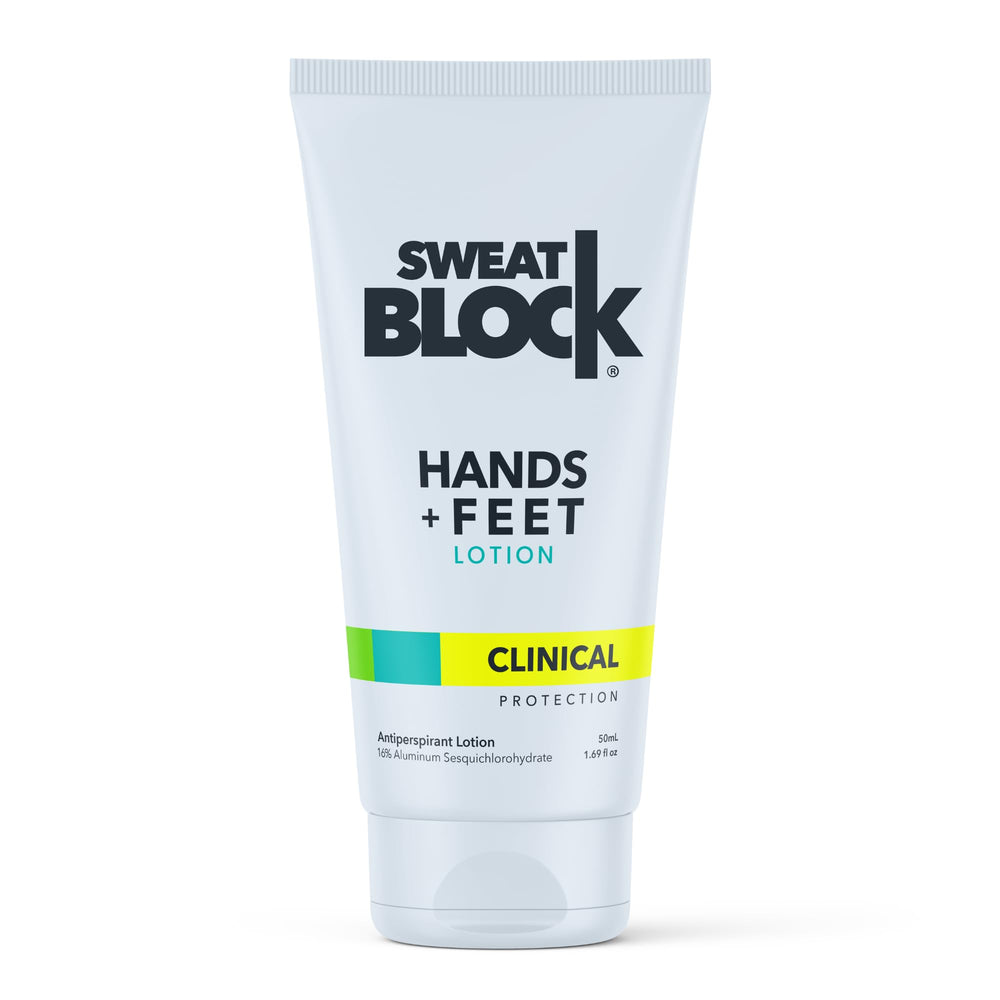 SweatBlock hands bottle pour shows quick-dry application for palm control.