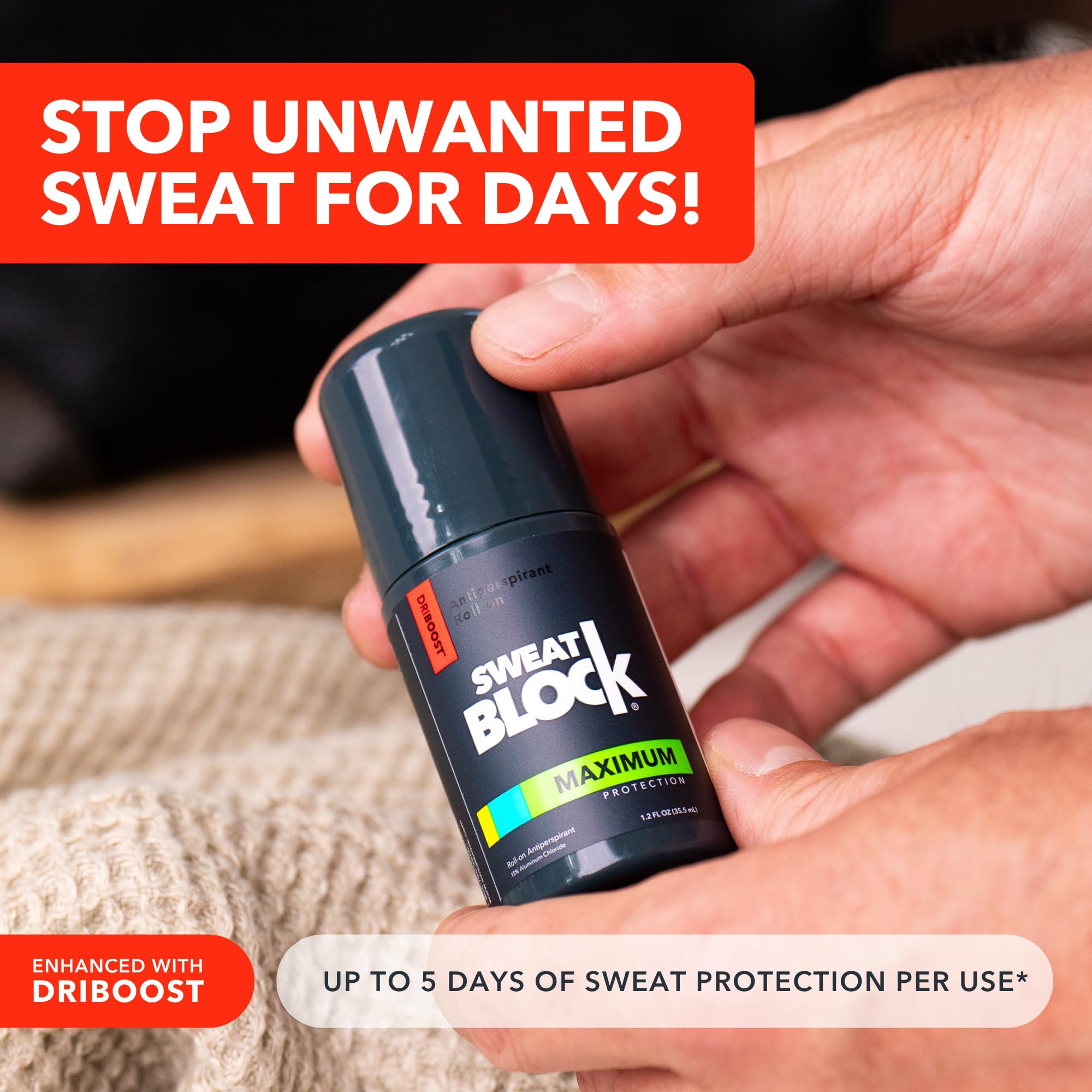 Close-up of SweatBlock roll-on application showing easy everyday use.