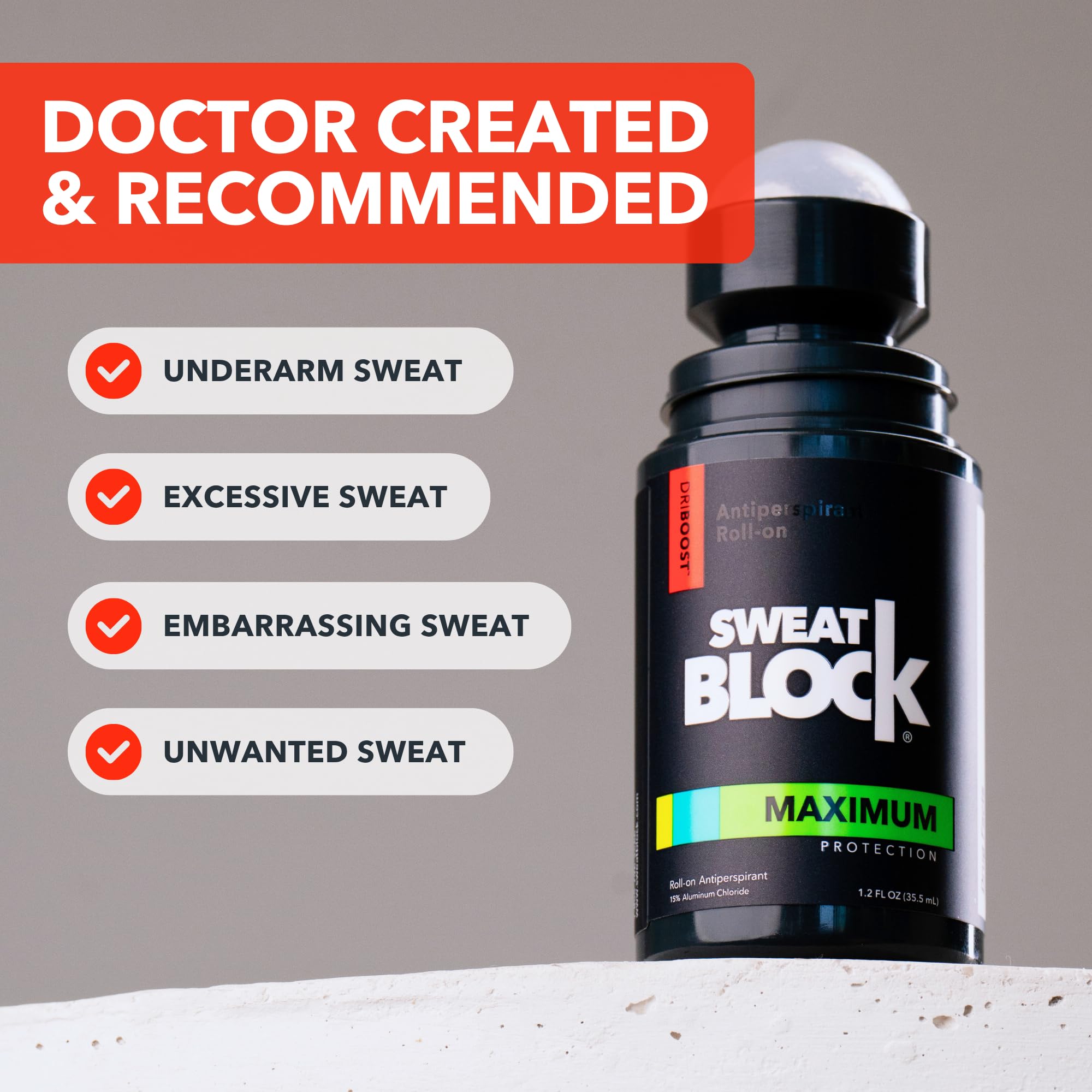 Product beside clothing highlights stain-free shirts and confidence with SweatBlock.