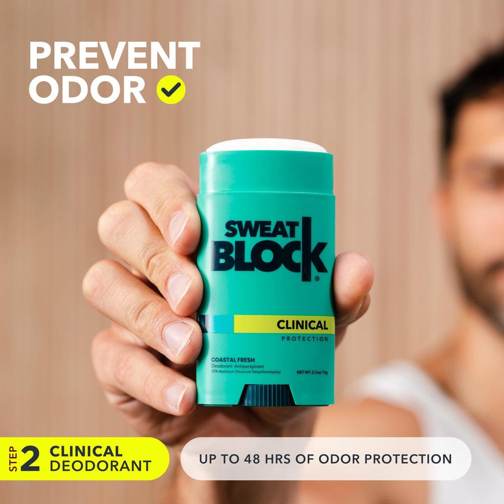 Morning SweatBlock deodorant glide for all-day odor control.