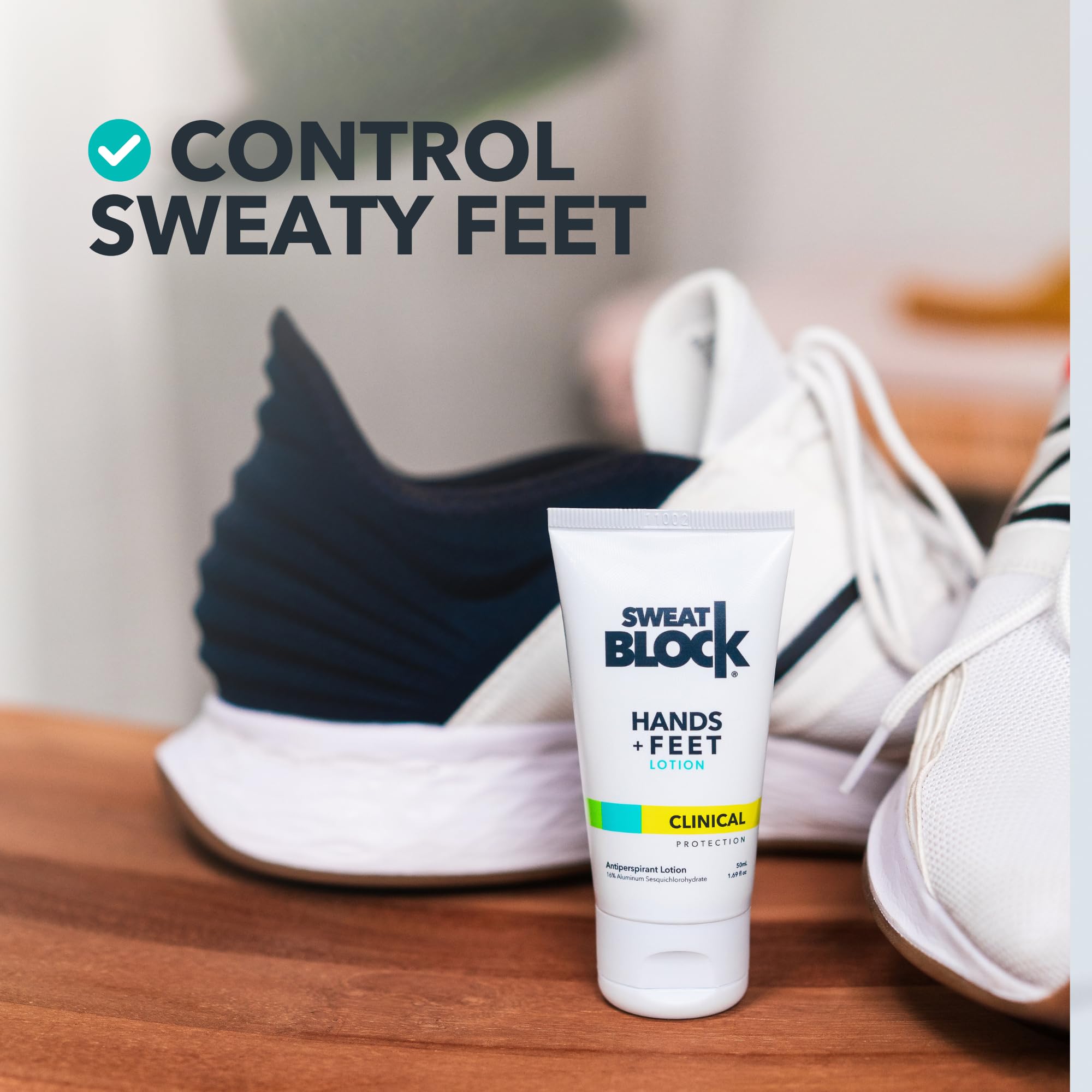 SweatBlock two-in-one-lotion for hands and feet moisture control.