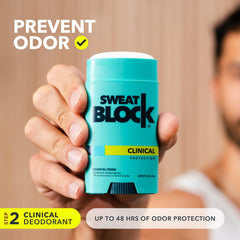 SweatBlock two-step system packaging highlighting dual-protection features