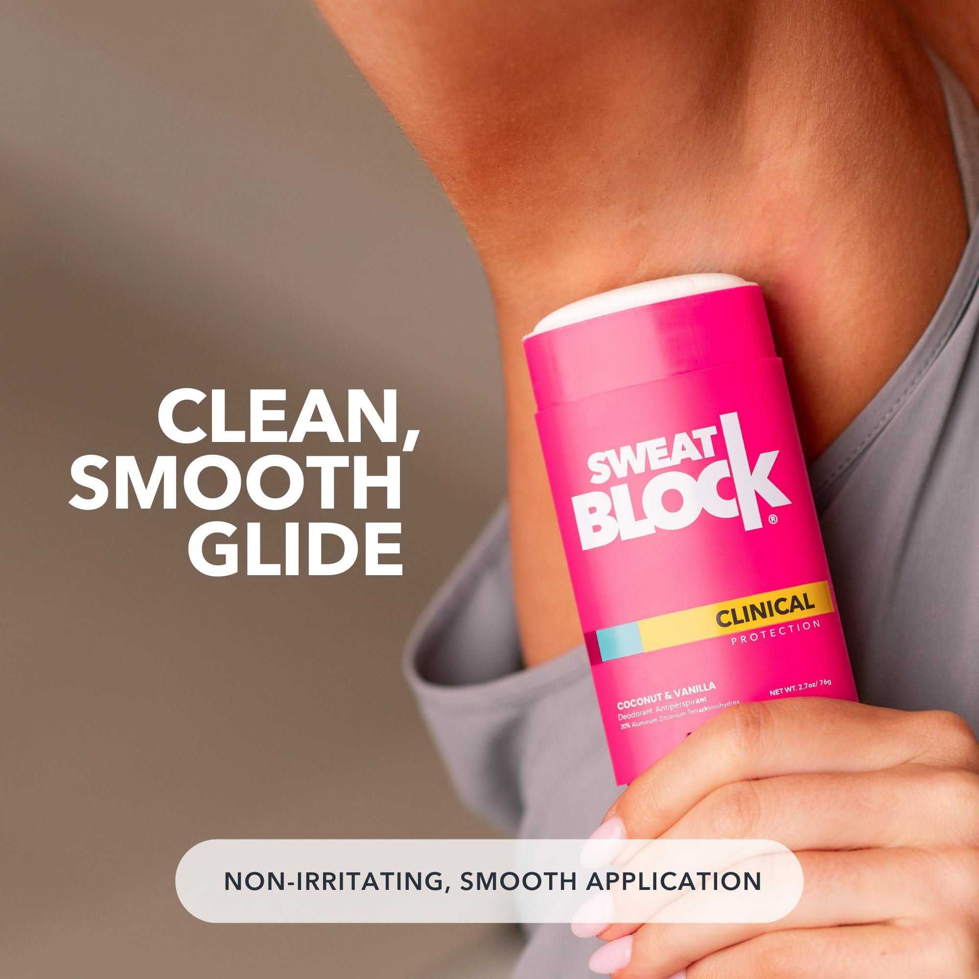 SweatBlock deodorant application stick ready for daily use and comfort.