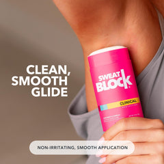 SweatBlock deodorant application stick ready for daily use and comfort.