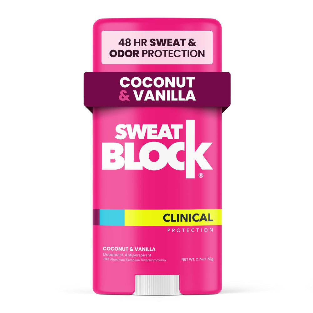 SweatBlock Womens Deodorant bottle with coconut vanilla scent for all day freshness.