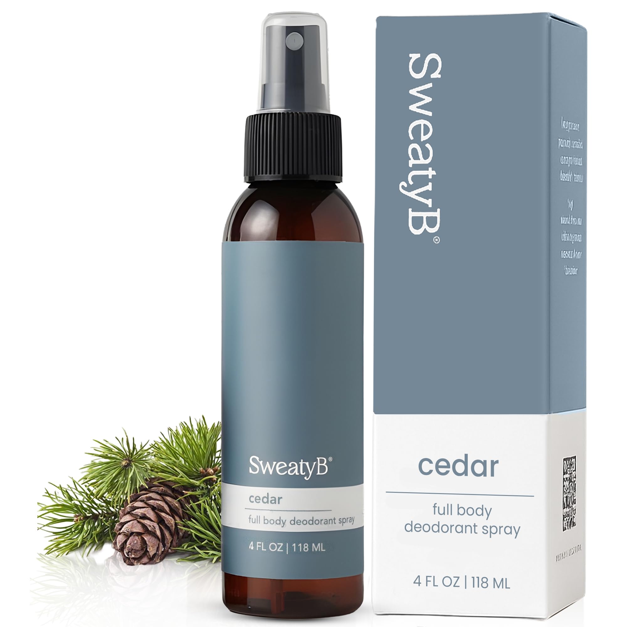 SweatyB cedarwood deodorant bottle in earthy packaging for unisex use and odor control