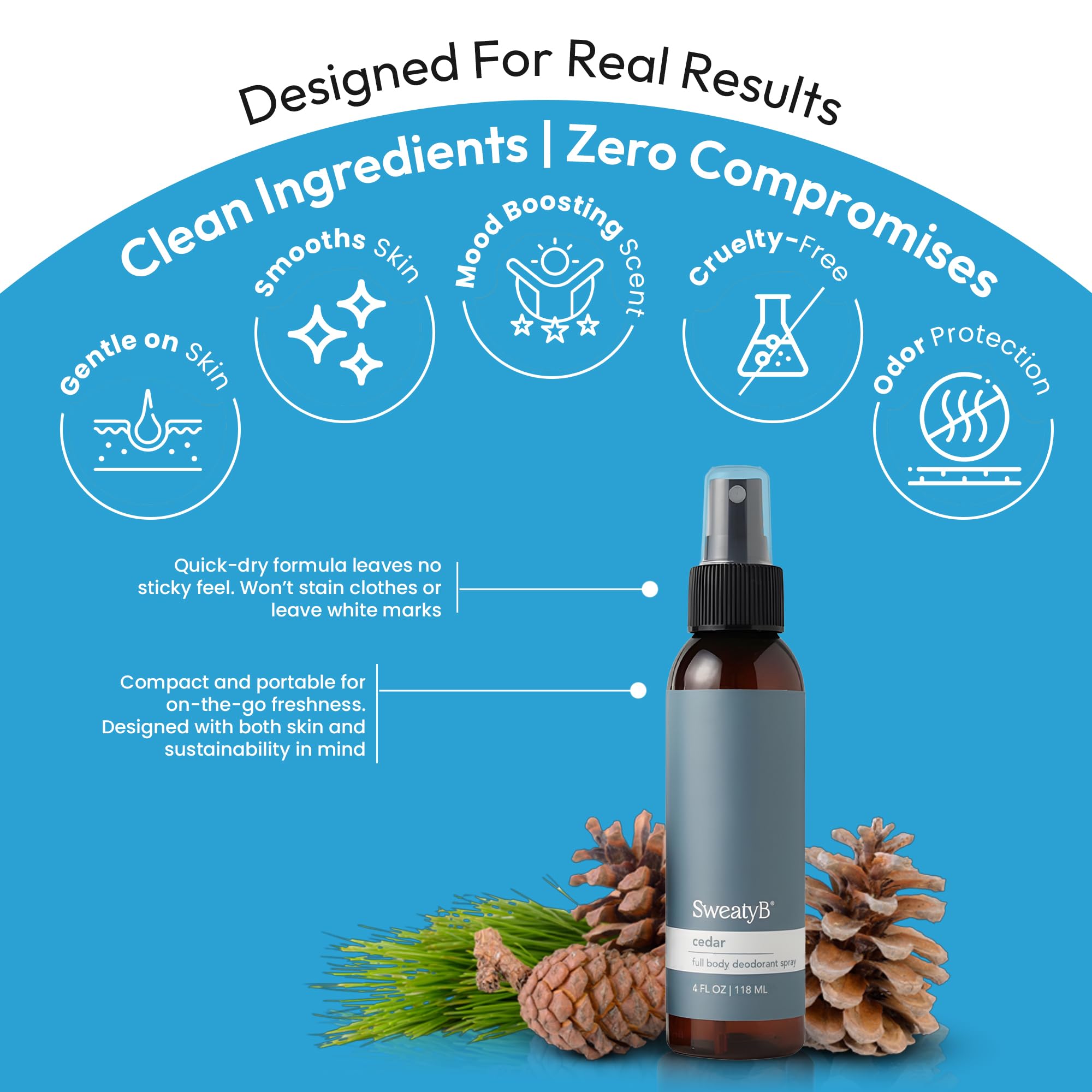 Travel-size SweatyB cedarwood deodorant fits pockets and bags