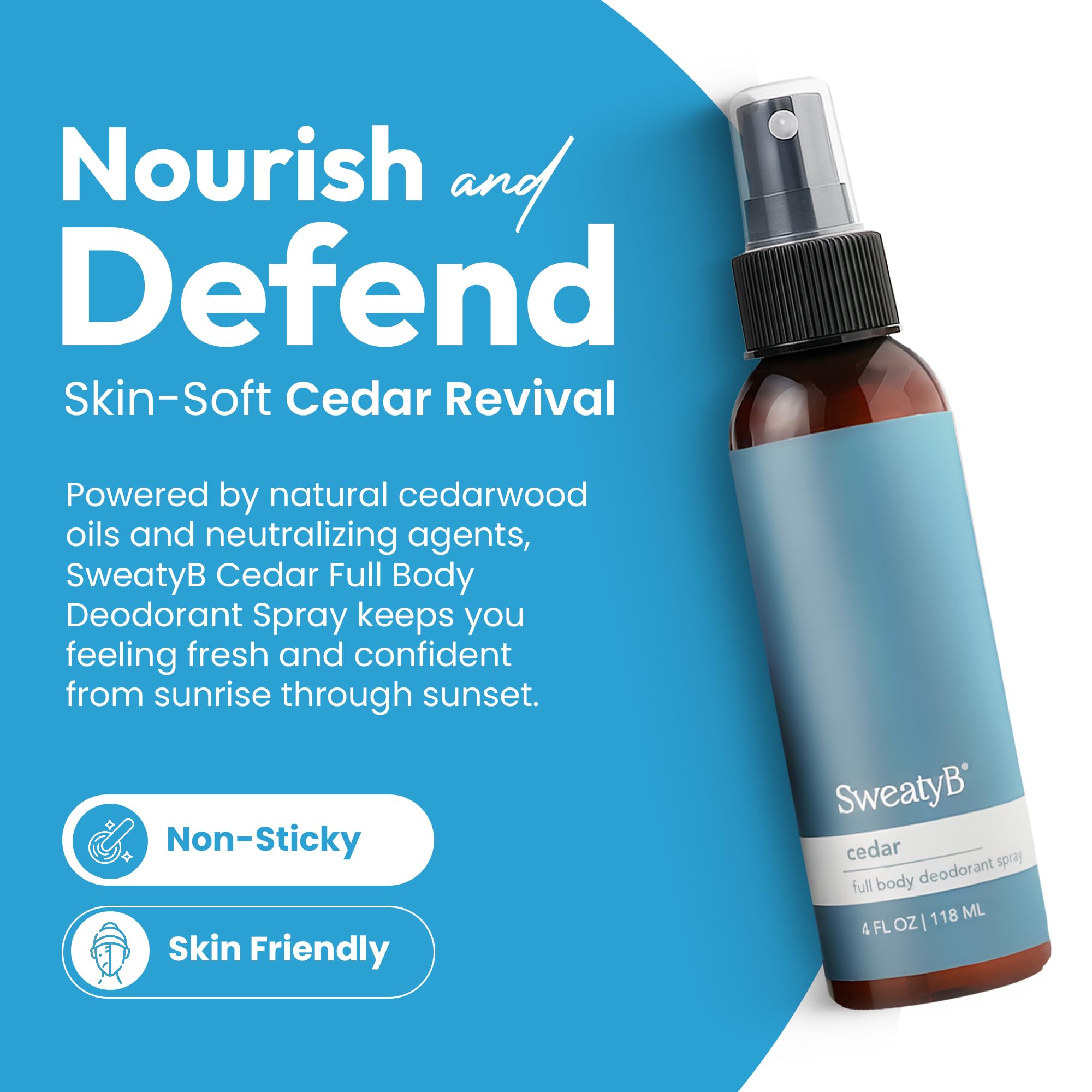 Vegan, skin-safe formula from SweatyB cedarwood deodorant line