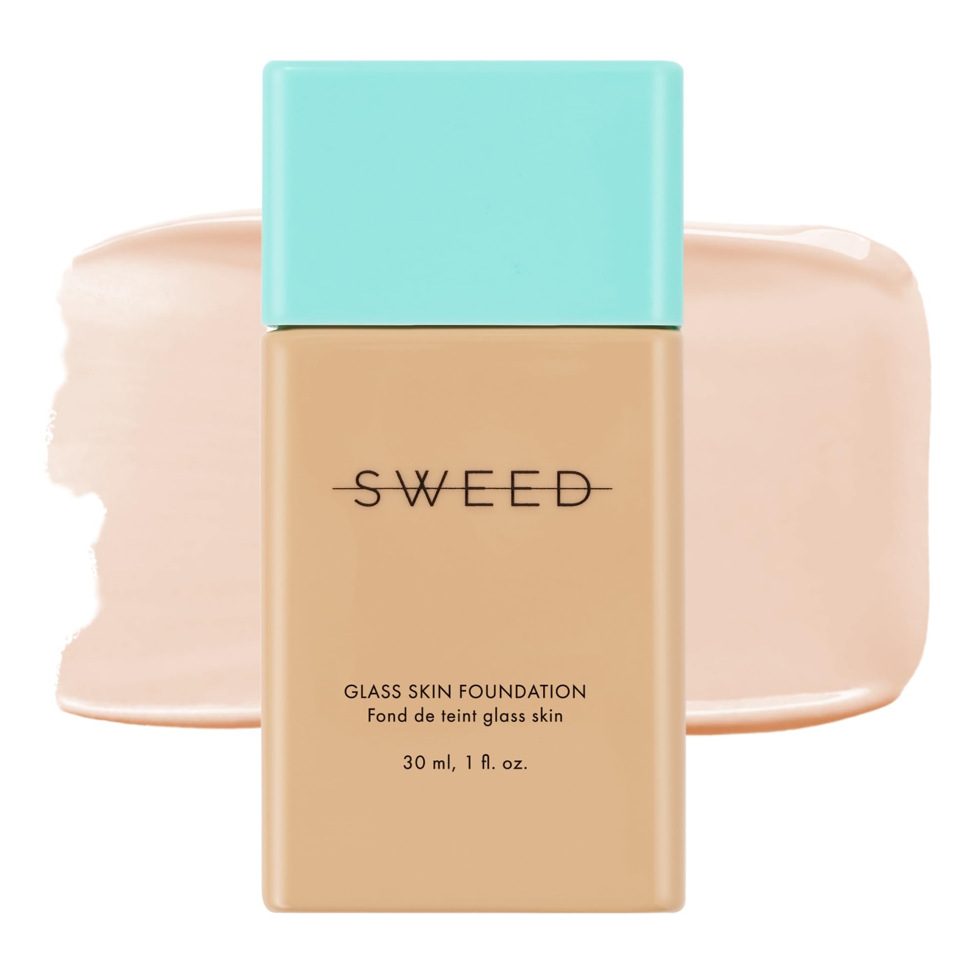 SWEED Glass Skin Foundation bottle close-up shows sleek packaging and second-skin texture.