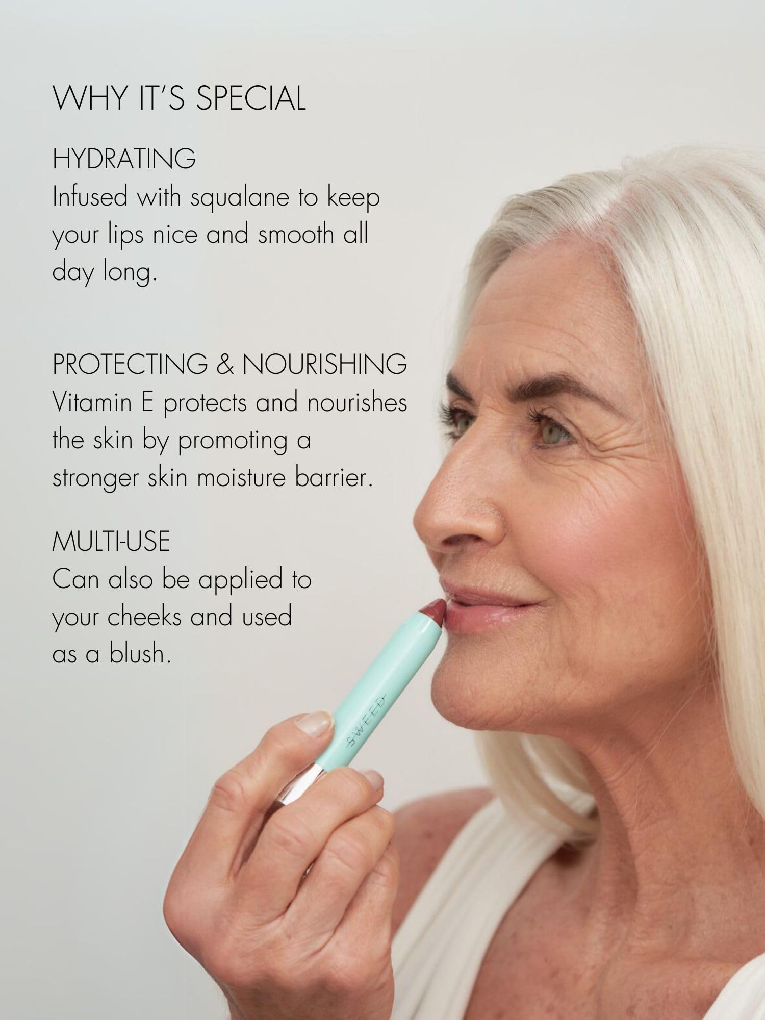 Sweed Le Lipstick application demonstrates easy glide for comfortable lip definition.