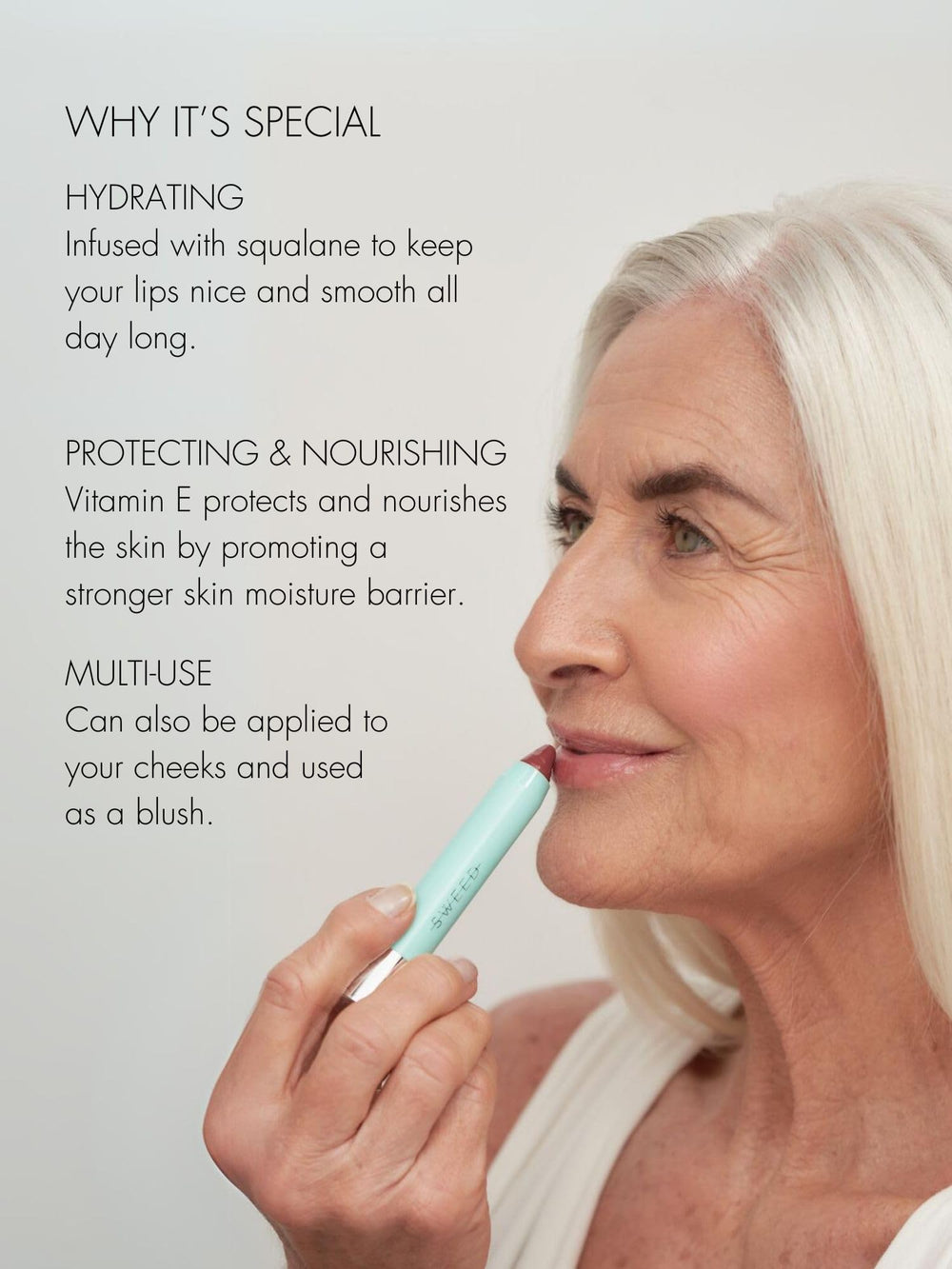 Sweed Le Lipstick application demonstrates easy glide for comfortable lip definition.