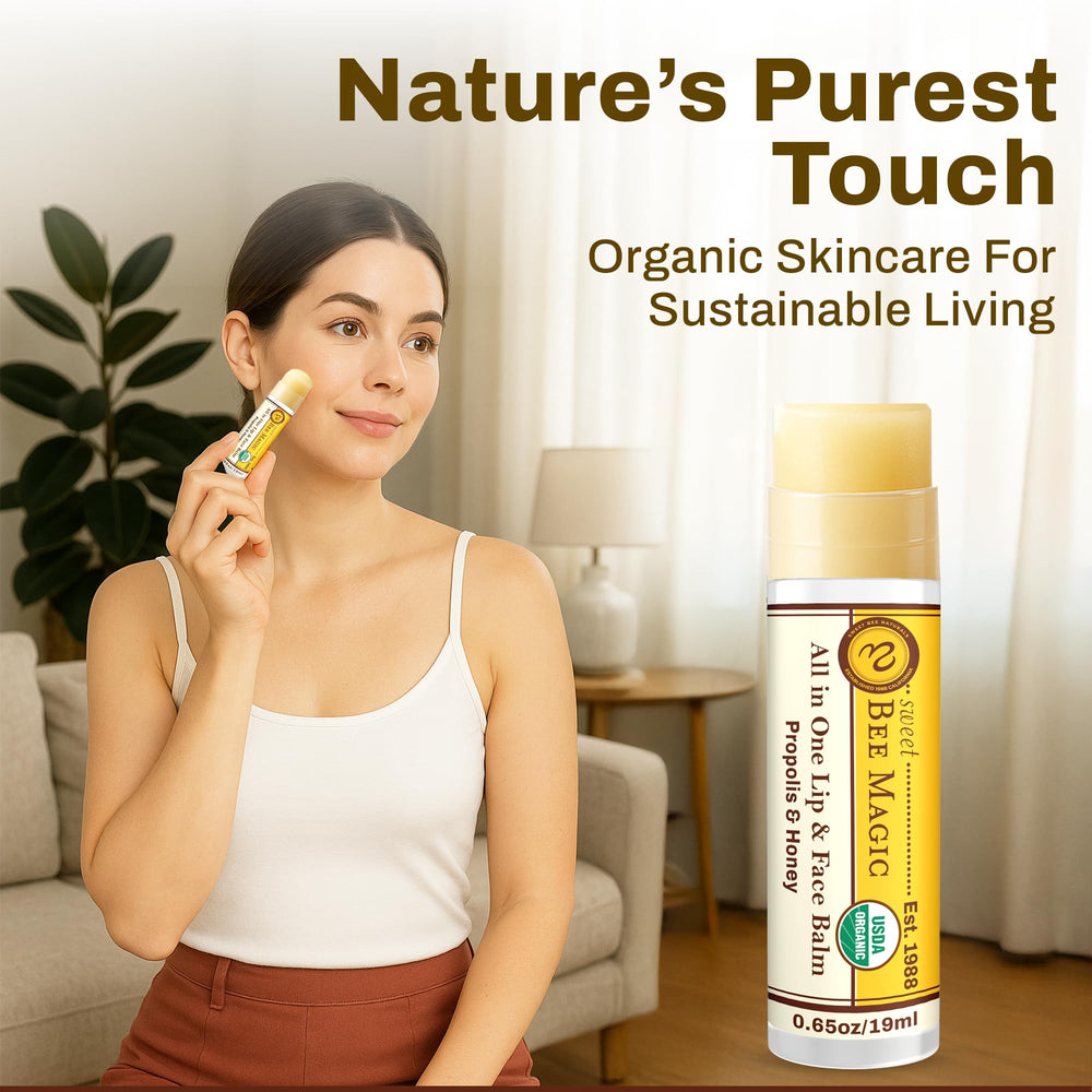Sweet Bee Naturals packaging and label close-up communicates clean, organic lip care