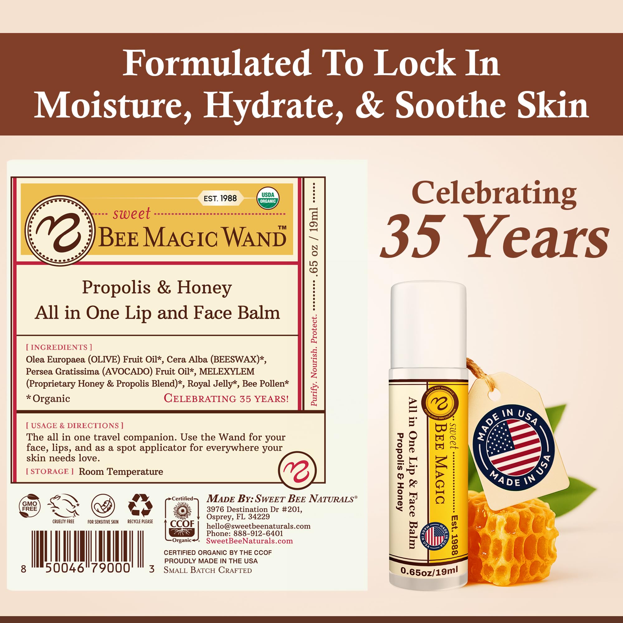 Sweet Bee Naturals royal jelly olive oil nourishing close-up demonstrates enriched moisture for lips