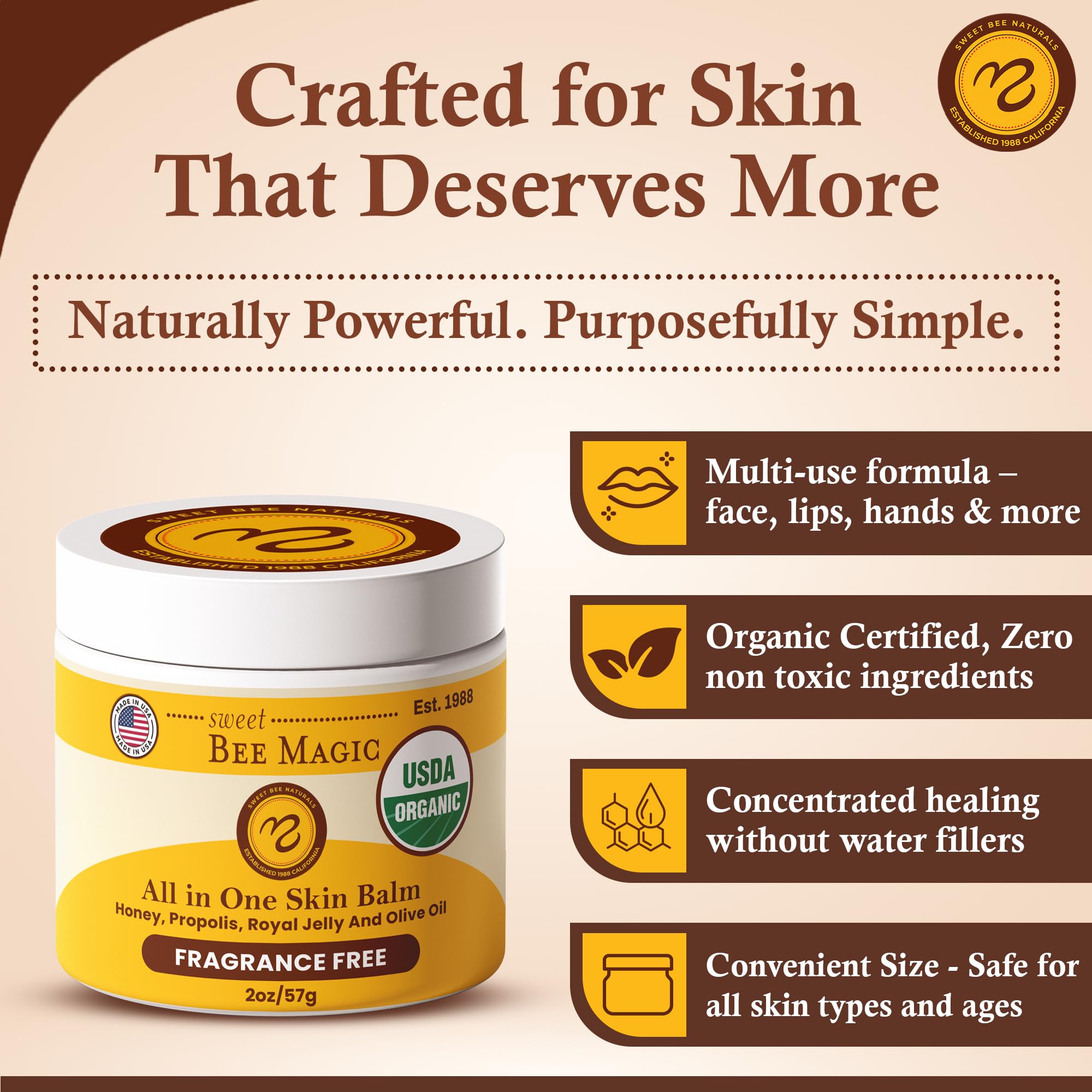 Sweet Bee Naturals balm label highlights certified organic and small-batch quality