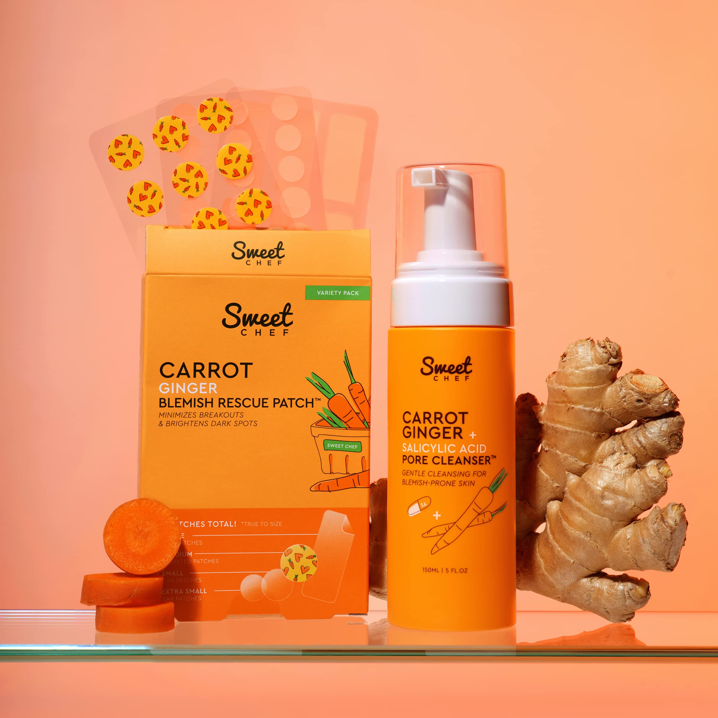 Sweet Chef carrot ginger ingredients close-up showing natural extracts for gentle exfoliation and glow.