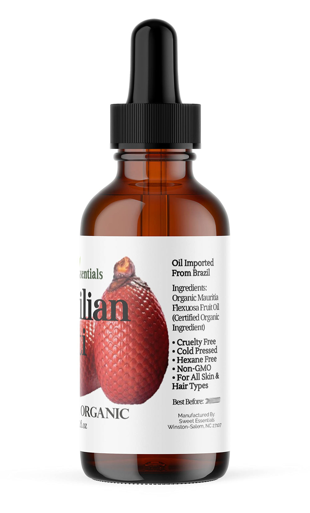 Sweet Essentials Buriti oil packaging highlights cruelty-free, additive-free formulation ideal for routines.