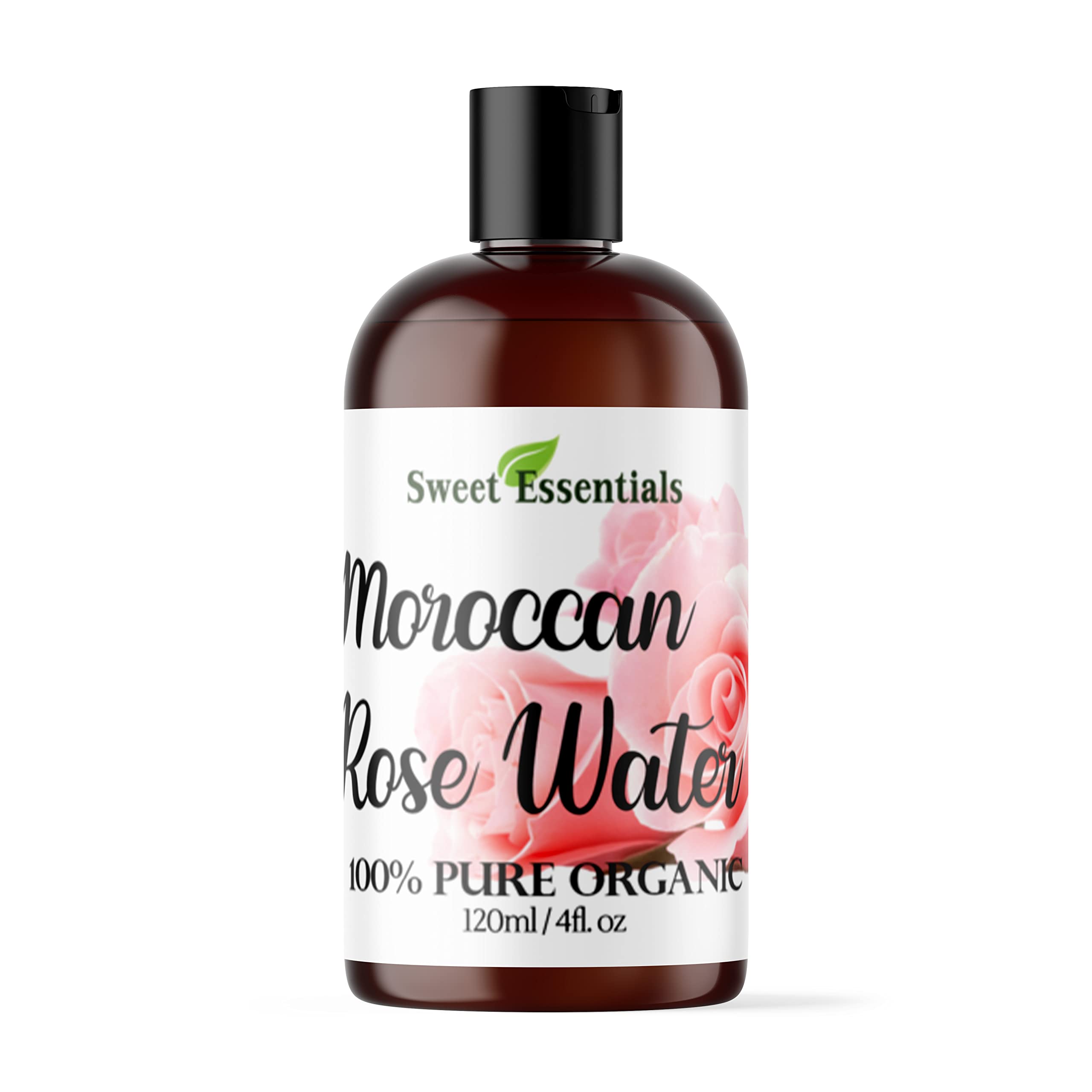 Sweet Essentials rose water 4oz bottle for daily facial hydration.