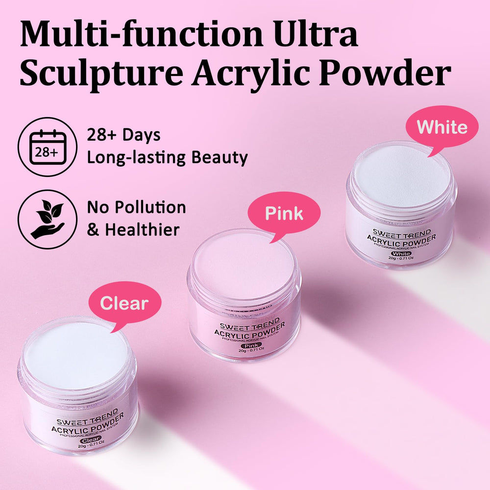 Sweet Trend acrylic powder image showing clear, white, and pink shades for customization