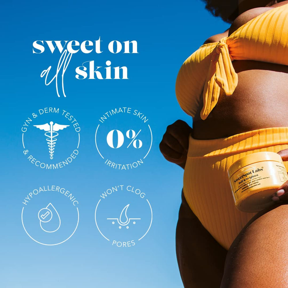 SweetSpot Labs Buff & Brighten pad used on bikini area for gentle exfoliation