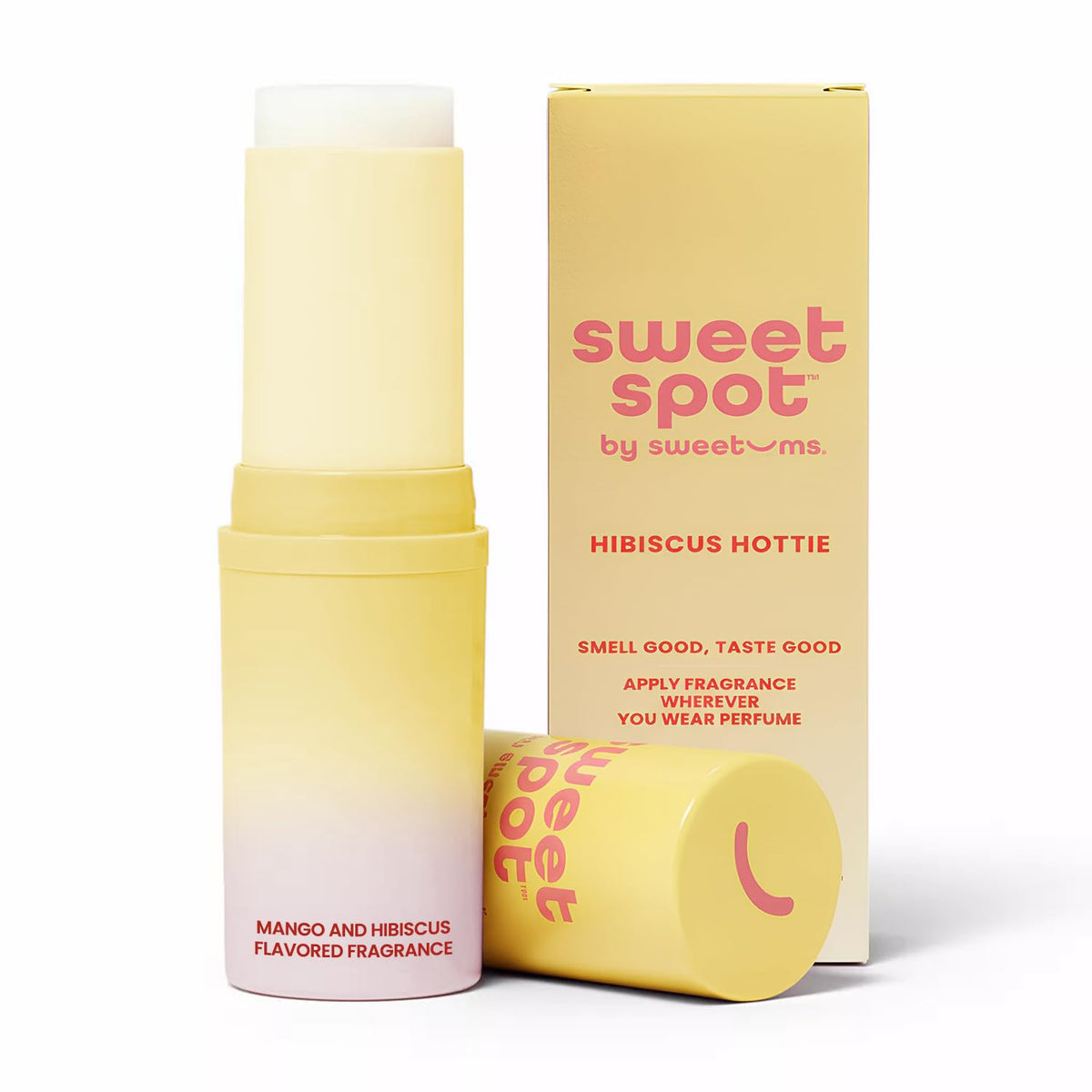 Sweetums SweetSpot Mango Hibiscus solid perfume stick close-up for travel touchups.